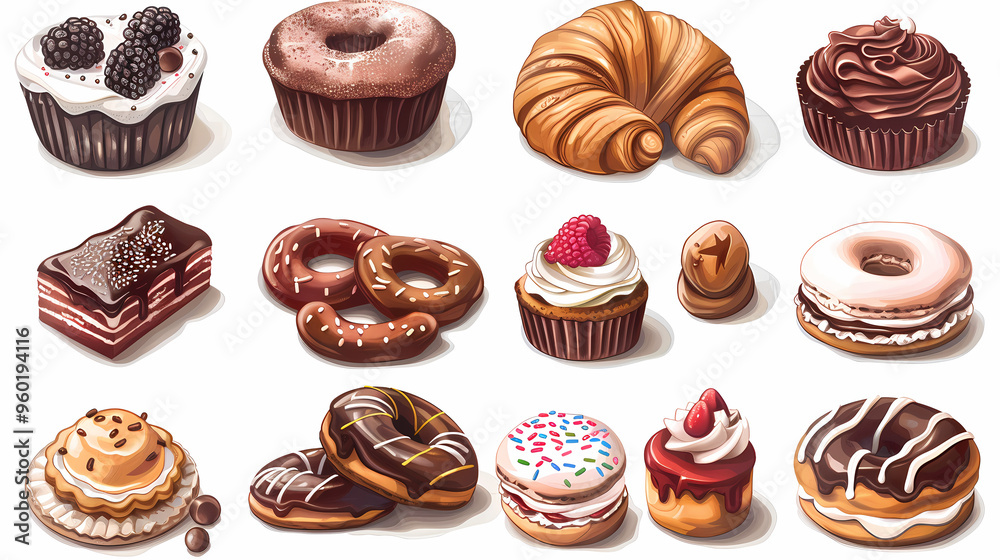 Various of sweets and desserts set and collection. chocolate cake, cupcakes, red velvet cake, apple pie, macarons, pretzel, donut, pastries, muffin, cookies, croissant. Bakery sweets isolated on white Various of sweets and desserts set and collection. chocolate cake, cupcakes, red velvet cake, apple pie, macarons, pretzel, donut, pastries, muffin, cookies, croissant. Bakery sweets isolated on white