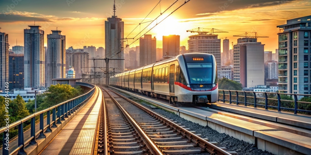 Fototapeta premium Electric train running through the city , urban, cityscape, transportation, public transit, travel, commute, railway, track