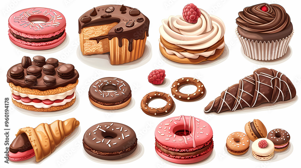 Various of sweets and desserts set and collection. chocolate cake, cupcakes, red velvet cake, apple pie, macarons, pretzel, donut, pastries, muffin, cookies, croissant. Bakery sweets isolated on white Various of sweets and desserts set and collection. chocolate cake, cupcakes, red velvet cake, apple pie, macarons, pretzel, donut, pastries, muffin, cookies, croissant. Bakery sweets isolated on white