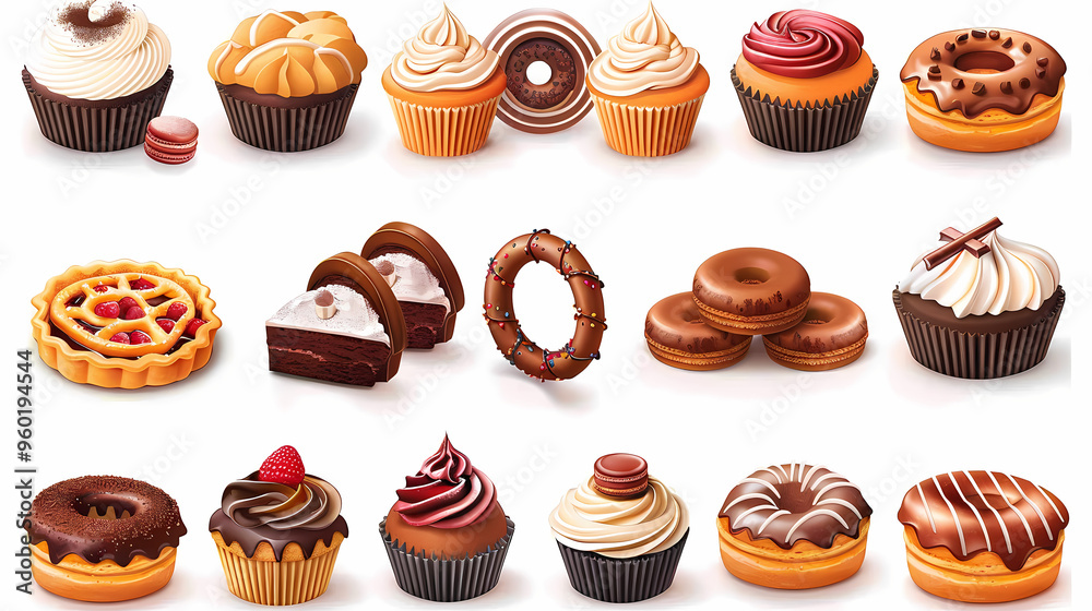 Various of sweets and desserts set and collection. chocolate cake, cupcakes, red velvet cake, apple pie, macarons, pretzel, donut, pastries, muffin, cookies, croissant. Bakery sweets isolated on white Various of sweets and desserts set and collection. chocolate cake, cupcakes, red velvet cake, apple pie, macarons, pretzel, donut, pastries, muffin, cookies, croissant. Bakery sweets isolated on white