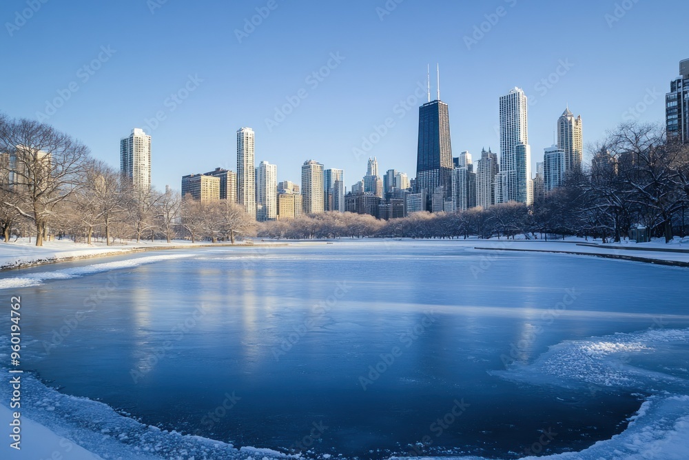 Fototapeta premium Frozen Lake with Chicago Skyline in the Background