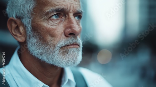 An elderly man with a thoughtful expression, standing against an urban backdrop, symbolizing wisdom, experience, and contemplation amidst a bustling environment.