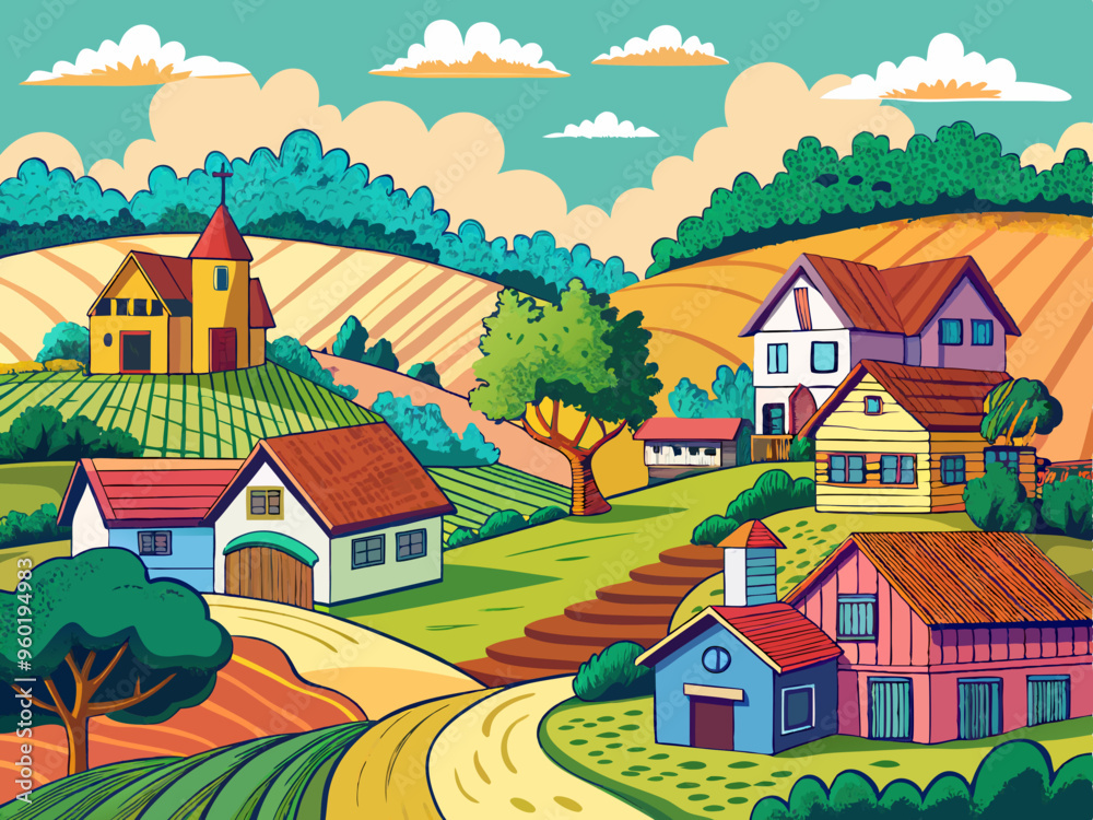 Village houses and farmland. color sketch drawn by hand Village houses and farmland. color sketch drawn by hand