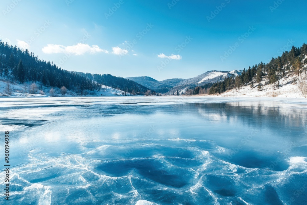 Frozen Lake Surrounded by Snow-Covered Mountains and Pine Forests Frozen Lake Surrounded by Snow-Covered Mountains and Pine Forests