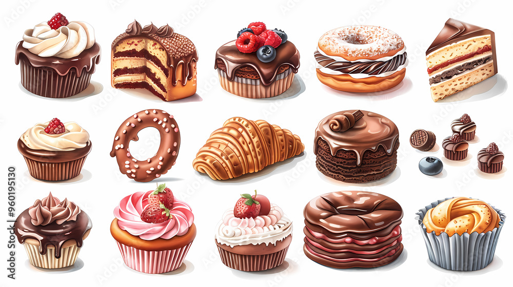 Various of sweets and desserts set and collection. chocolate cake, cupcakes, red velvet cake, apple pie, macarons, pretzel, donut, pastries, muffin, cookies, croissant. Bakery sweets isolated on white Various of sweets and desserts set and collection. chocolate cake, cupcakes, red velvet cake, apple pie, macarons, pretzel, donut, pastries, muffin, cookies, croissant. Bakery sweets isolated on white