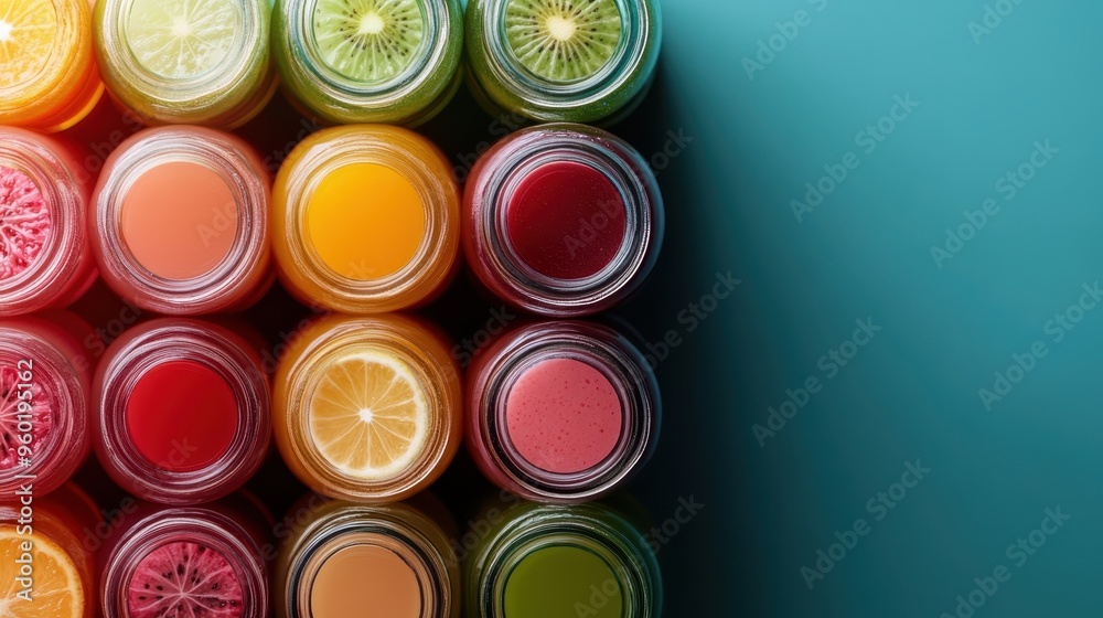 Top view of an organized assortment of fresh fruit slices and juices in a colorful grid pattern, showcasing a vibrant and healthy display perfect for nutrition enthusiasts. Top view of an organized assortment of fresh fruit slices and juices in a colorful grid pattern, showcasing a vibrant and healthy display perfect for nutrition enthusiasts.
