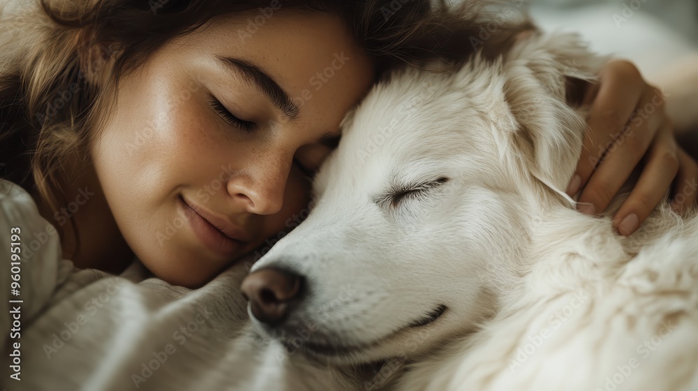 A person cuddling lovingly with a white fluffy dog, both asleep, capturing a serene moment of companionship, affection, and tranquility in a cozy setting with soft lighting. A person cuddling lovingly with a white fluffy dog, both asleep, capturing a serene moment of companionship, affection, and tranquility in a cozy setting with soft lighting.