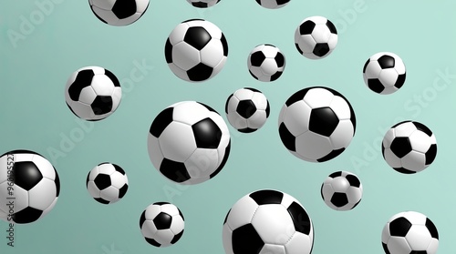 Soccer Balls Falling on Green Background.