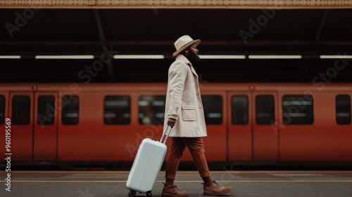 Wallpaper Mural An individual wearing a coat and hat, walking with a suitcase on the platform of a train station. The image depicts the journey and anticipation as they prepare to board the train. Torontodigital.ca