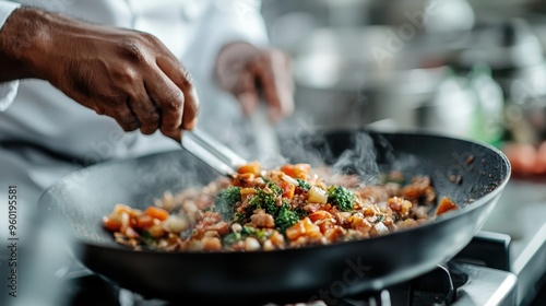 A chef working diligently in a kitchen, cooking a vibrant and healthy vegetable stir-fry in a pan, focusing on freshness and color in their culinary creation, representing health and skill.