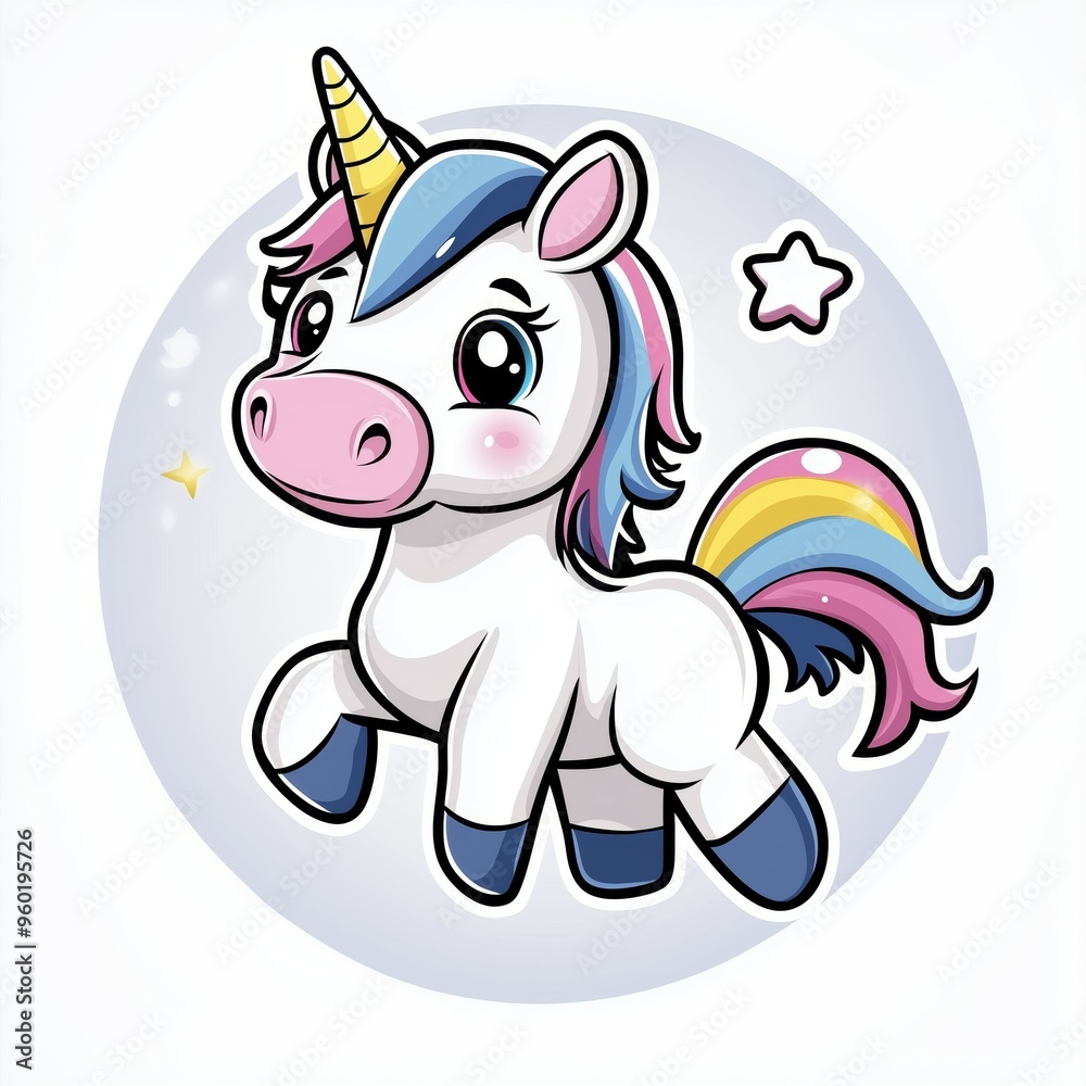 Naklejka premium Cute Cartoon Unicorn Illustration with Rainbow Mane and Tail