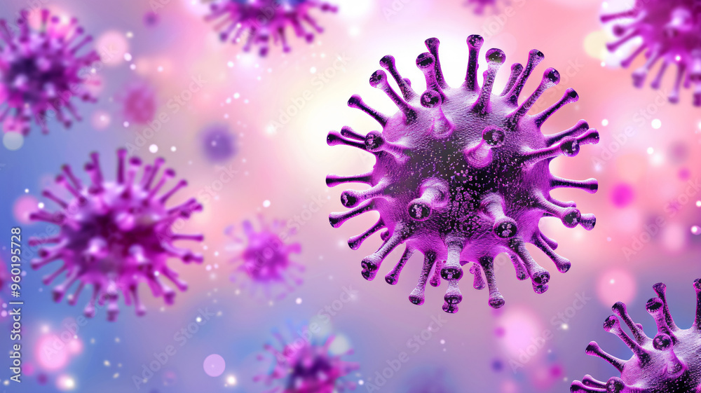 Microscopic view of virus particles against a glowing blurry abstract background Microscopic view of virus particles against a glowing blurry abstract background