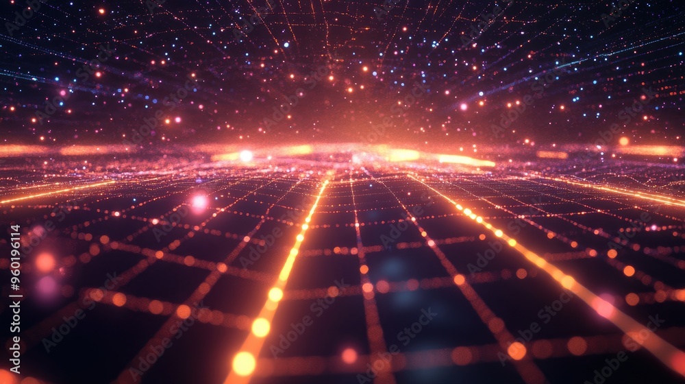 Fototapeta premium Space grid with glowing lines, creating a futuristic and digital cosmic landscape.