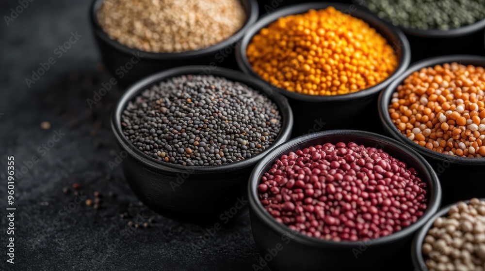 A diverse collection of grains and seeds, including black poppy seeds and red adzuki beans, presented in black bowls on a dark background, emphasizing variety and texture. A diverse collection of grains and seeds, including black poppy seeds and red adzuki beans, presented in black bowls on a dark background, emphasizing variety and texture.