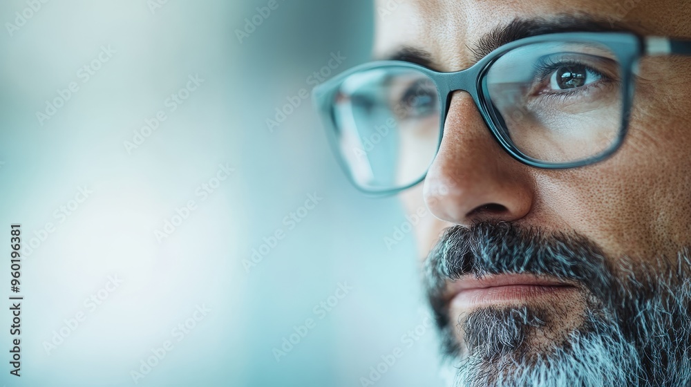 A close-up side view of a person's face wearing glasses in front of a blurred blue background, with a focus on the glasses' design and the serene style of the image. A close-up side view of a person's face wearing glasses in front of a blurred blue background, with a focus on the glasses' design and the serene style of the image.