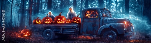 A spooky Halloween scene featuring an old truck filled with carved pumpkins in a dark, misty forest. photo