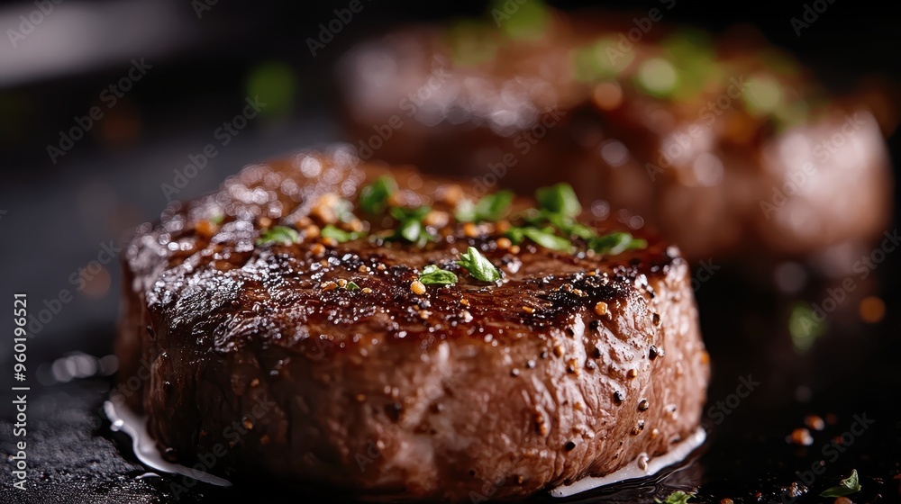 Two juicy steaks are sizzling on a hot skillet, garnished with herbs and spices, highlighting the delicious texture and savory aroma of the well-seasoned, perfectly cooked meat. Two juicy steaks are sizzling on a hot skillet, garnished with herbs and spices, highlighting the delicious texture and savory aroma of the well-seasoned, perfectly cooked meat.