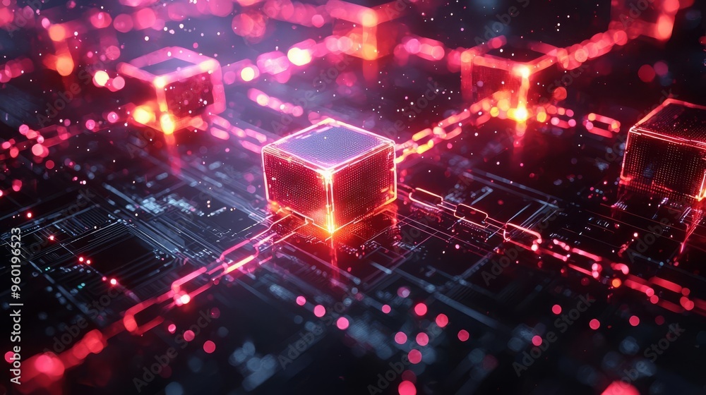 Abstract image of glowing cubes connected on a digital circuit, representing modern technology and data visualization. Abstract image of glowing cubes connected on a digital circuit, representing modern technology and data visualization.