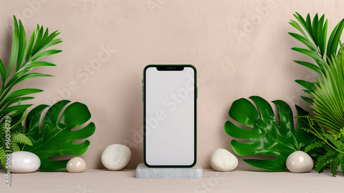 Smartphone mockup with green plants and minimalist stone decor background photo