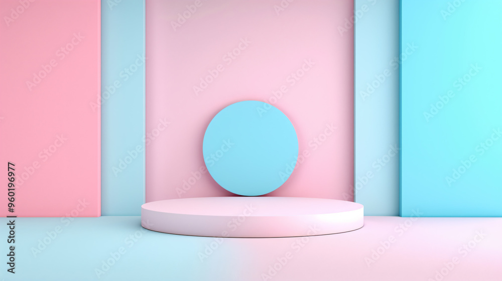 3D podium for product presentation with blue and pink color palette. Modern mockup design. 3D podium for product presentation with blue and pink color palette. Modern mockup design.