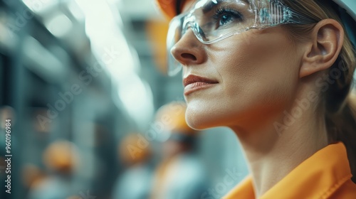 A focused worker is wearing a yellow hard hat, captured in the perspective of an expansive industrial site, reflecting the concentration and dedication essential in industrial occupations. photo