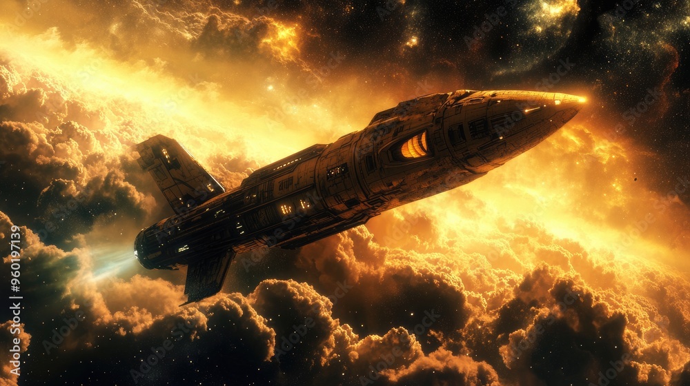 Spaceship flying towards a distant star, embodying adventure and the future of space travel. Spaceship flying towards a distant star, embodying adventure and the future of space travel.
