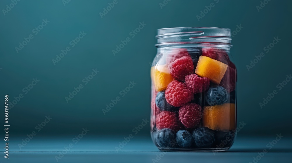 An aesthetically pleasing jar containing a mix of fresh raspberries, blueberries, and peach slices, offering a colorful and healthy recipe ingredient or snack option.