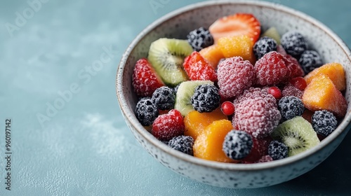Fototapeta Naklejka Na Ścianę i Meble -  A diverse mix of frozen berries and fruits including strawberries, raspberries, blackberries, kiwis, and mangos in a speckled bowl. The frosty texture highlights their freshness and flavor.