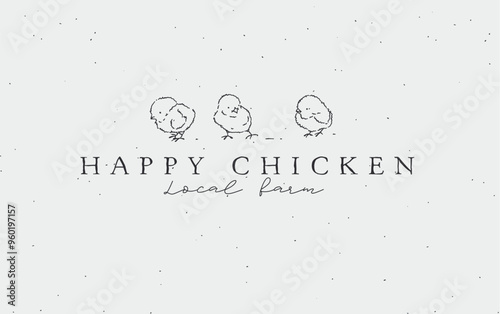 Obraz na płótnie Chick and chicken with inscription local farm drawing on light background w salonie