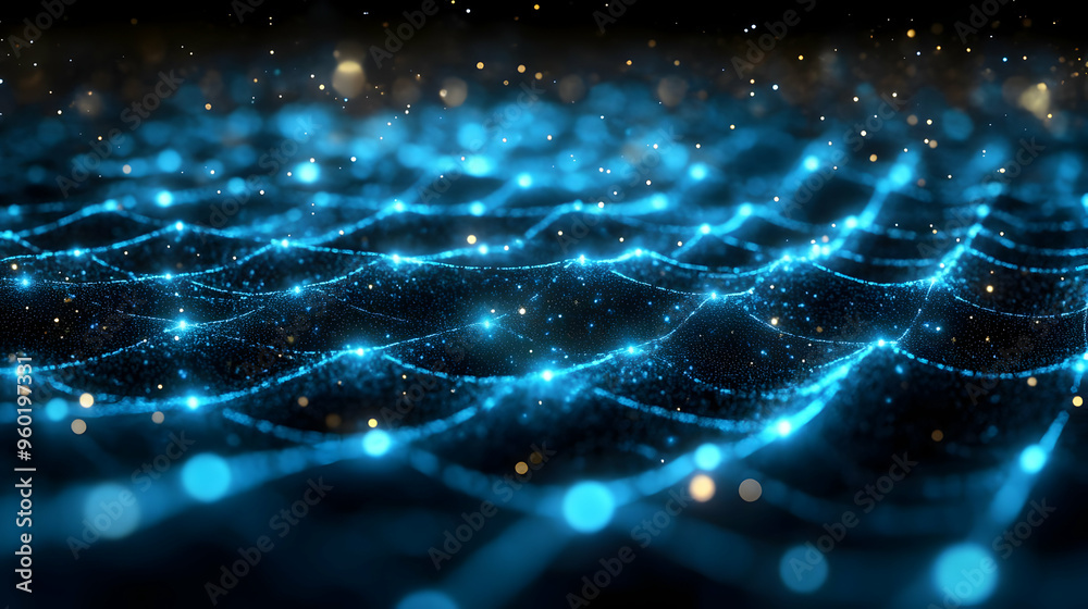 A digital abstract representation of a glowing wave pattern. A digital abstract representation of a glowing wave pattern.