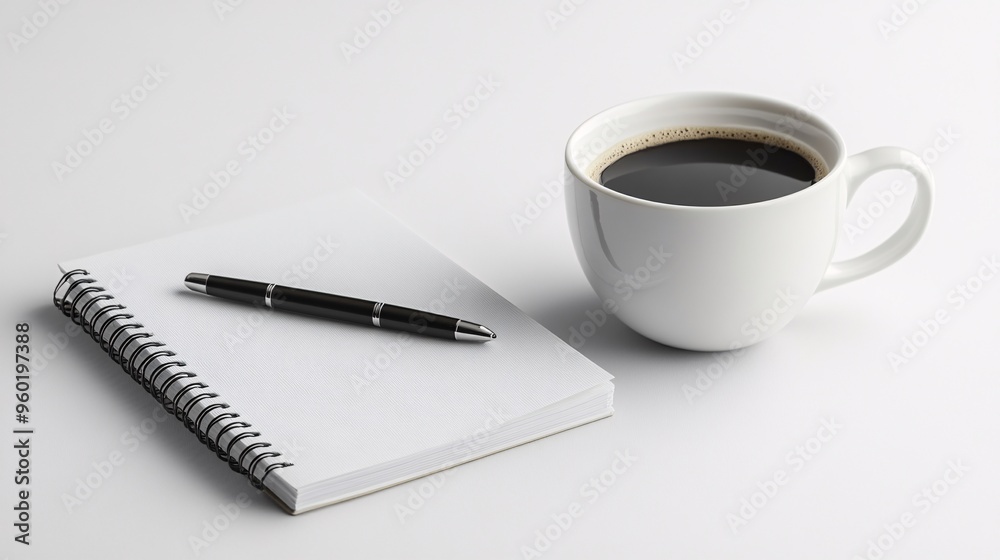 A Professional Business Meeting Setup Featuring Notebook, Pen, and Coffee Cup on a Minimalist White Background A Professional Business Meeting Setup Featuring Notebook, Pen, and Coffee Cup on a Minimalist White Background