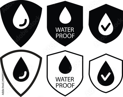 Waterproof icons. Waterproof. Collection of water-resistant signs. Water protection, liquid proof protection. Shield with water drop. Anti wetting material, hydrophobic fabric, surface protection.