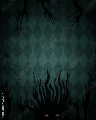 Aged old room with grunge wallpaper, shadow of spooky creature and creepy hands for Halloween design