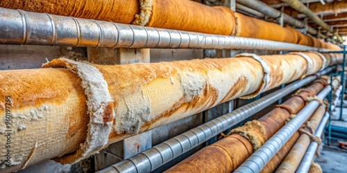 Dangerous asbestos wrap insulation on rusty heating system pipes photo