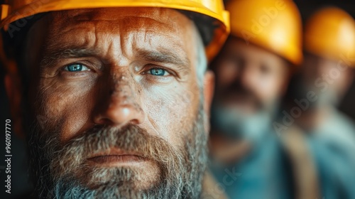 A row of workers all wearing yellow hats stand focused on their job tasks, representing a scene of organized labor, teamwork, and impeccable safety standards in a work environment.