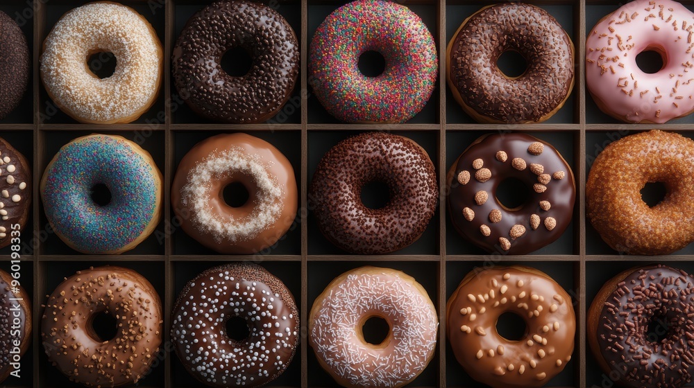 Fototapeta premium This image showcases an assortment of donuts neatly arranged in a box, each with various colorful toppings and glazes, perfect for sweets lovers.