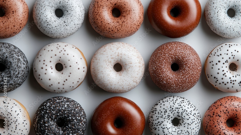 Displayed on a clean white background, these donuts are arranged in a grid pattern, each one featuring different colors and textures, appealing to the eyes. Displayed on a clean white background, these donuts are arranged in a grid pattern, each one featuring different colors and textures, appealing to the eyes.