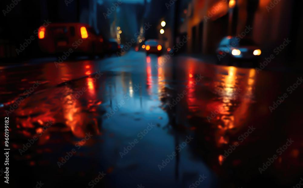 City streets after rain with reflections on wet asphalt.