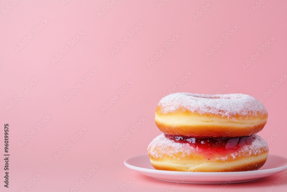 Two Powdered Donuts with Red Jelly Filling on White Plate Two Powdered Donuts with Red Jelly Filling on White Plate
