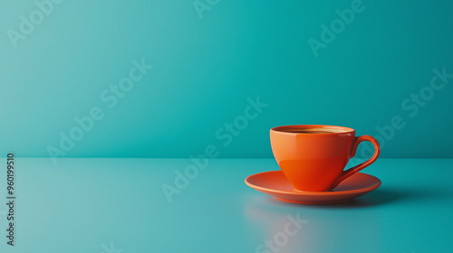 A cup of coffee placed on a brown plate against a blue background.