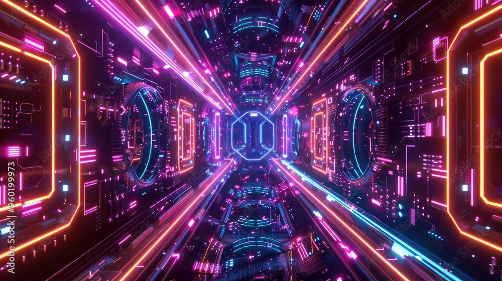 A stunning futuristic tunnel with vibrant neon lights and intricate patterns, perfect for technology and digital art themes. A stunning futuristic tunnel with vibrant neon lights and intricate patterns, perfect for technology and digital art themes.