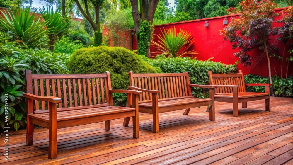 Empty wooden benches on a red patio overlooking the peaceful garden Empty wooden benches on a red patio overlooking the peaceful garden