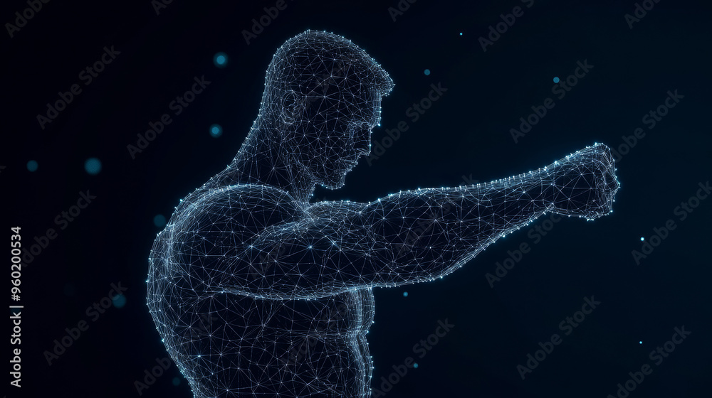 Human strength low poly wireframe banner template. Polygonal physical prowess, robust bodybuilder, and athletic physique mesh art illustration. 3D male hand muscles, tensed biceps with interconnected Human strength low poly wireframe banner template. Polygonal physical prowess, robust bodybuilder, and athletic physique mesh art illustration. 3D male hand muscles, tensed biceps with interconnected