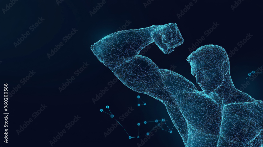 Human strength low poly wireframe banner template. Polygonal physical prowess, robust bodybuilder, and athletic physique mesh art illustration. 3D male hand muscles, tensed biceps with interconnected Human strength low poly wireframe banner template. Polygonal physical prowess, robust bodybuilder, and athletic physique mesh art illustration. 3D male hand muscles, tensed biceps with interconnected