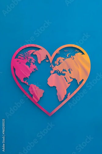 Heart-shaped world map on vivid blue background. Modern minimalist design. Love for geography concept. Perfect for travel themed decor. Top view with copy space.
