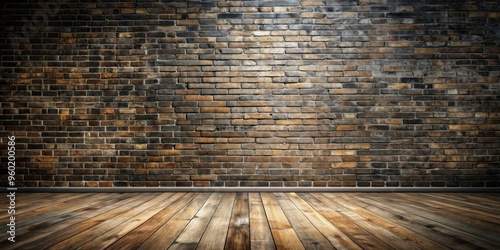 Rustic interior with weathered wood floor and black brick wall
