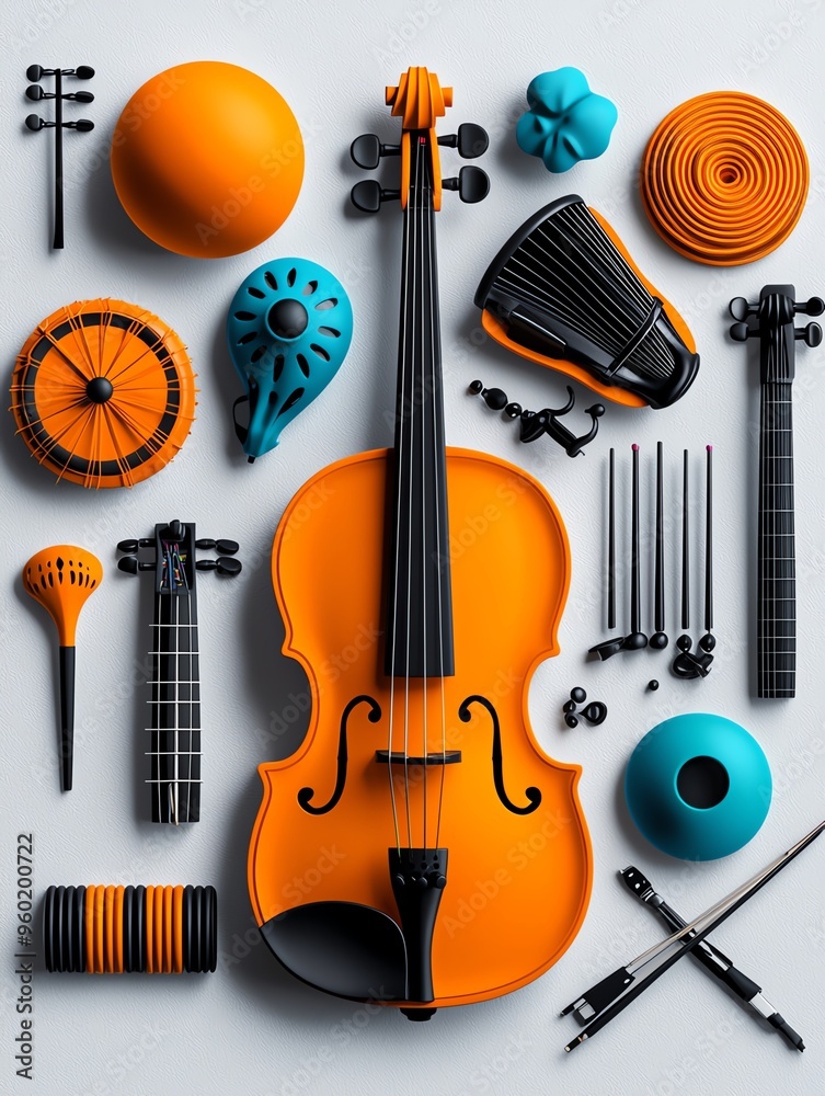 Obraz premium Vibrant arrangement of musical instruments and accessories in orange and blue tones, showcasing creativity and artistry.