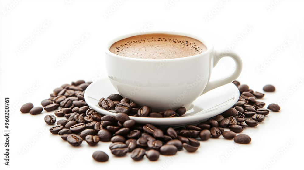 A cup of coffee rests on a white plate, surrounded by coffee beans, set against a white background. A cup of coffee rests on a white plate, surrounded by coffee beans, set against a white background.
