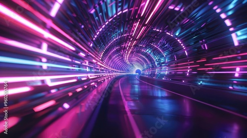 A vibrant, glowing tunnel filled with colorful light streaks, creating a sense of speed and motion. photo