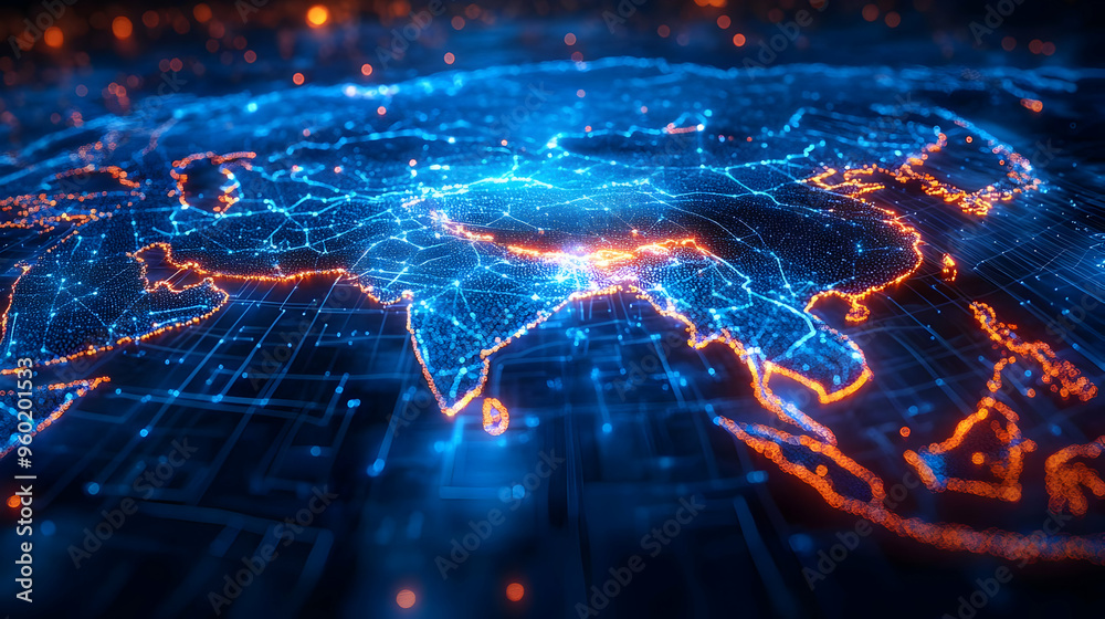 A digital representation of Asia with glowing network connections. A digital representation of Asia with glowing network connections.